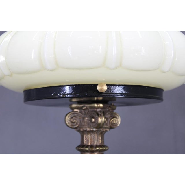 Brass Table Lamp with Wooden Base and Glass Shade, 1940s For Sale - Image 11 of 15