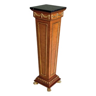Italian Myrtle Burl Pedestal With Black Marble Top & Gold Accents For Sale