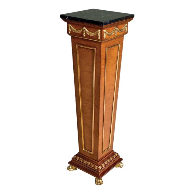Italian Myrtle Burl Pedestal With Black Marble Top & Gold Accents For Sale