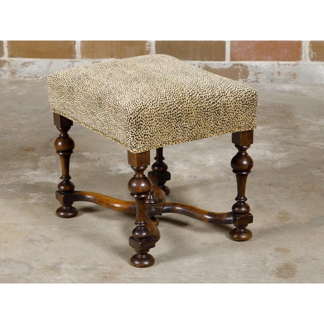 English William and Mary Style English 1900s Stool with Turned Legs and X-Form Stretcher For Sale - Image 3 of 11