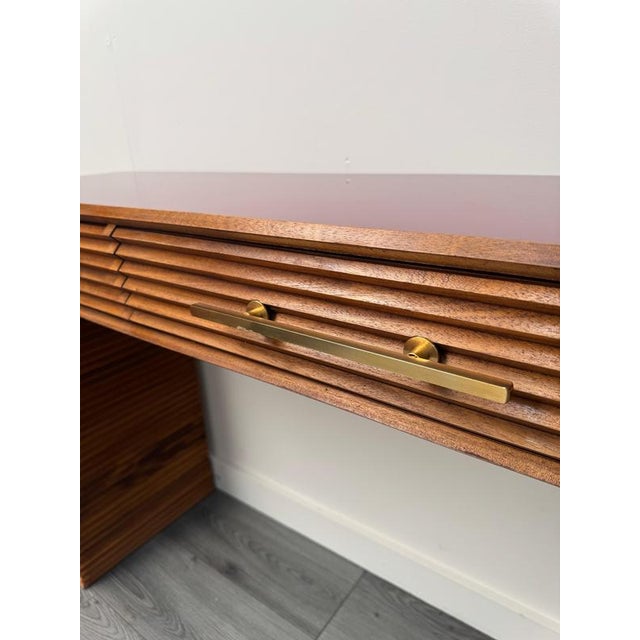 Three Drawers Fluted Wood Console Table with Crimson Red Glass Top, 1970s For Sale - Image 6 of 9