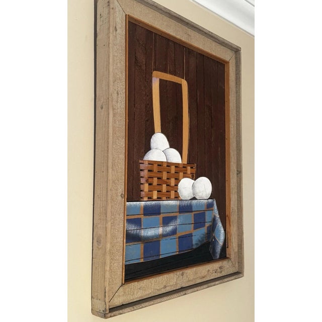 This lathe-art panel is painted wood construction with applied cut-wood relief elements on vertical-plank background,...