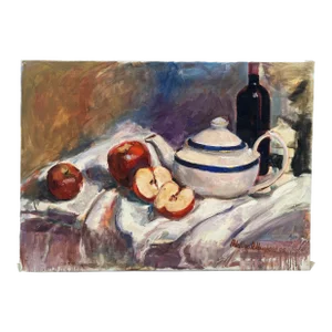 Impressionist Still Life Oil Painting of Apples, Teapot and Bottle on White Linen by Adeline Hoagland