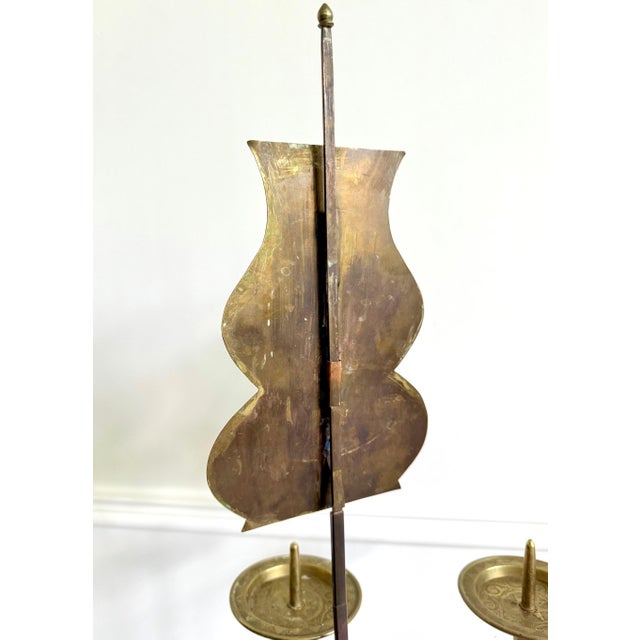 Metal Pair of Antique Korean Brass Candlesticks with Reflector Shields For Sale - Image 7 of 13