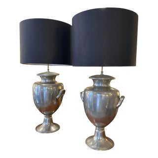Pewter Table Lamps with Large Black Lampshades, 1970, Set of 2 For Sale