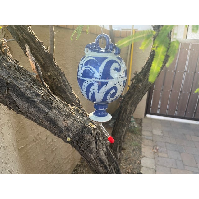 Farmhouse 1980s Blue & White Hand Painted Stoneware Studio Pottery Hummingbird Feeder For Sale - Image 3 of 7