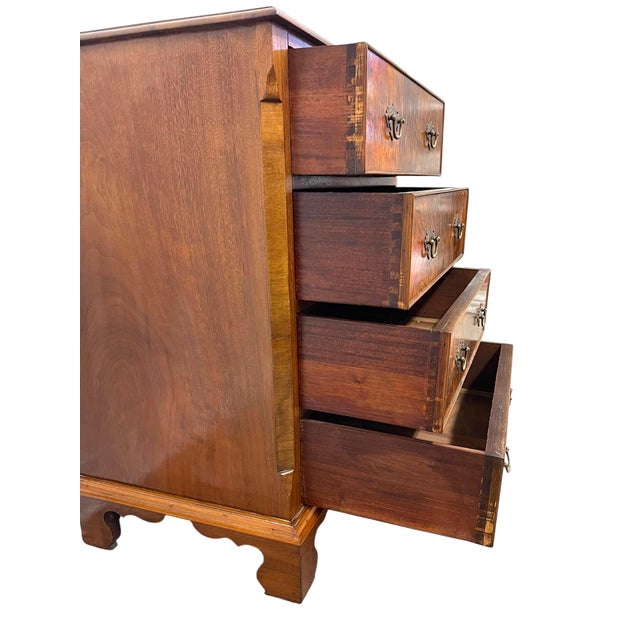 Vintage Four Drawer Chest With Figured Veneer, Dovetailed Drawers and Brass-Toned Hardware. Uk Import For Sale - Image 9 of 10