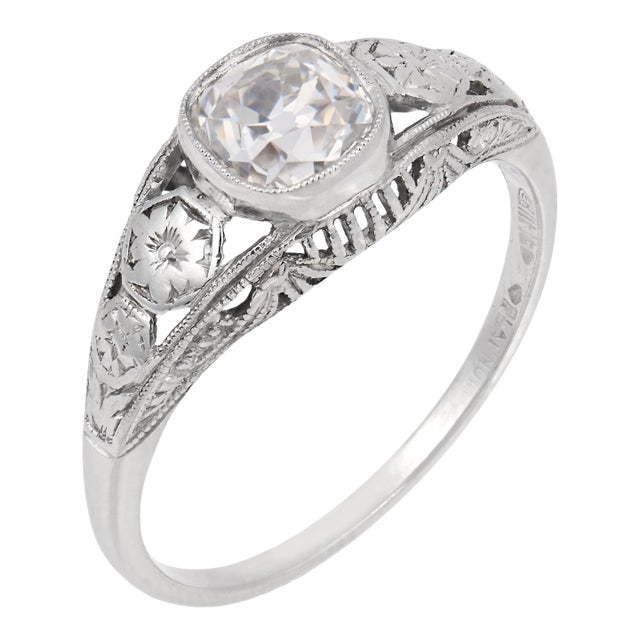 1930s Art Deco Gia 0.91 Carat Old Mine Cut Diamond Platinum Engagement Ring, Size 7.5 For Sale