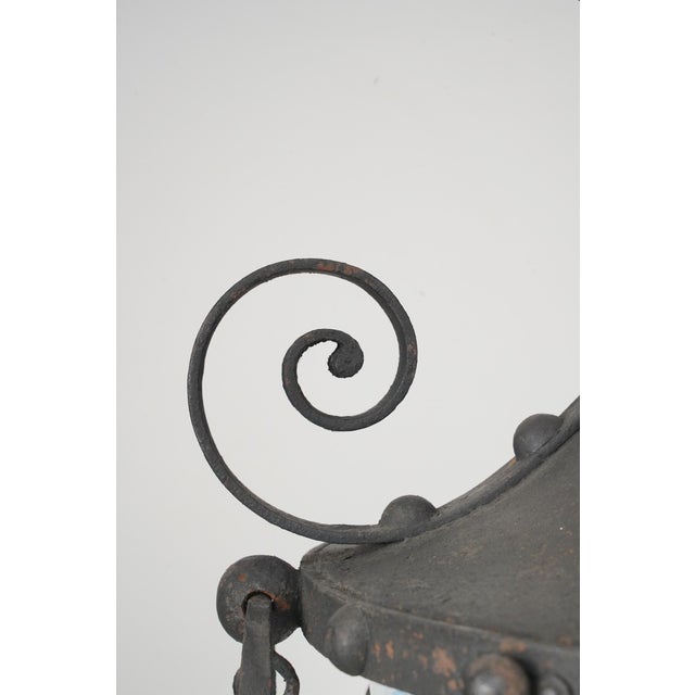 Mid 20th Century Restored Spanish Revival Wrought Iron Opalescent Glass Pendant Light For Sale - Image 6 of 12