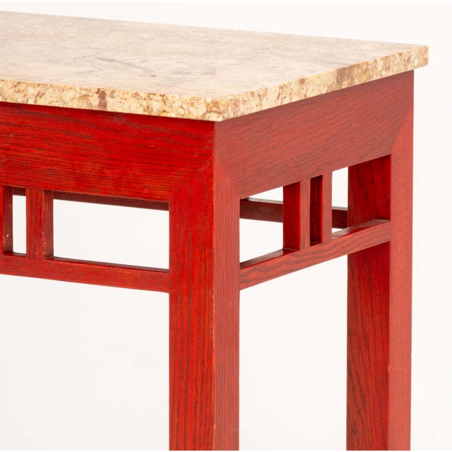 Late 20th Century James Mont Style Marble Top Red Stained Oak Console Table For Sale - Image 5 of 7