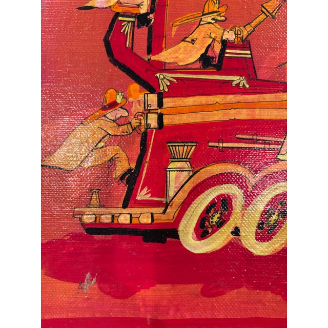 Textile Pair of Signed 1972 Whimsical Folk Paintings on Stretched Canvas – Fire Truck & Marching Band (Pair For Sale - Image 7 of 18