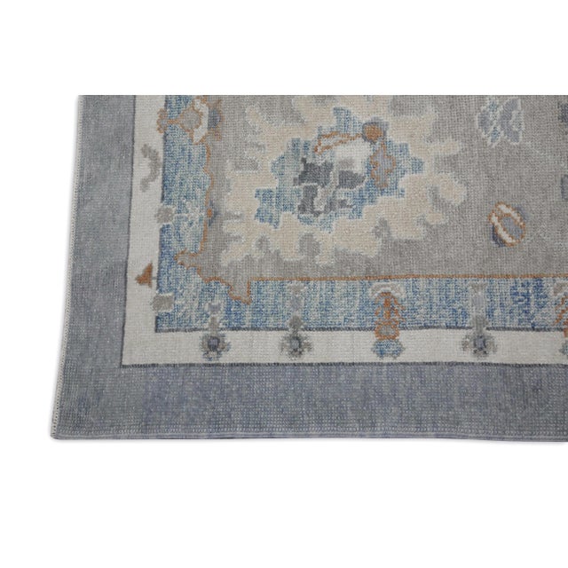 Modern Early 21st Century Blue & Taupe Floral Design Handwoven Wool Turkish Oushak Rug 12'3" X 15' For Sale - Image 3 of 8