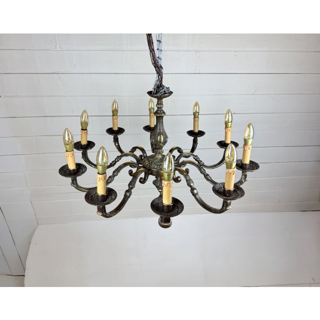 Vintage Baroque Style 10-Arm Brass Chandelier, 1950s For Sale - Image 9 of 10
