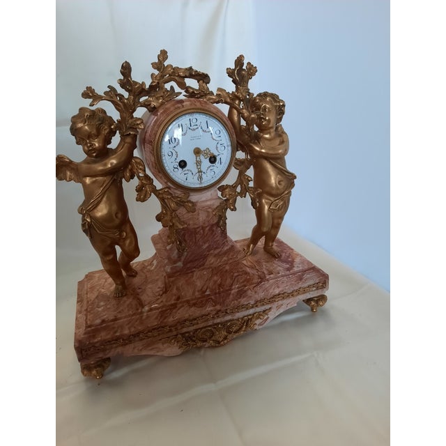 Pink 19th Century French Louis XV Style Gilt Bronze & Pink Marble Cherub Mantel Clock by Tiffany & Co For Sale - Image 8 of 12