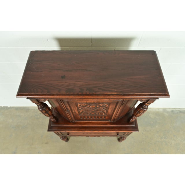 Berkey & Gay Style Antique English Jacobean Carved Oak Bar Cabinet, Circa 1920s For Sale - Image 13 of 16