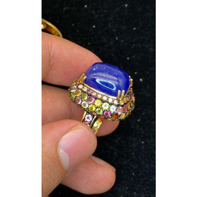 Gemstone Bochic "Orient" Vintage Fancy Sapphire & Tanzanite Ring Set 18K Gold & Silver For Sale - Image 7 of 18
