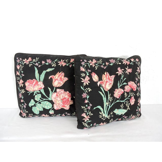 English Country Cottage Black Pillows (Cushions) With Raised Pink Tulips and Roses - A Pair For Sale In Tampa - Image 6 of 6