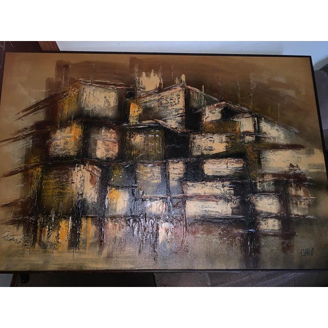 Large vintage mid-century modern painting signed ‘Carlo,’ attributed to Carlo of Hollywood. This striking statement piece...