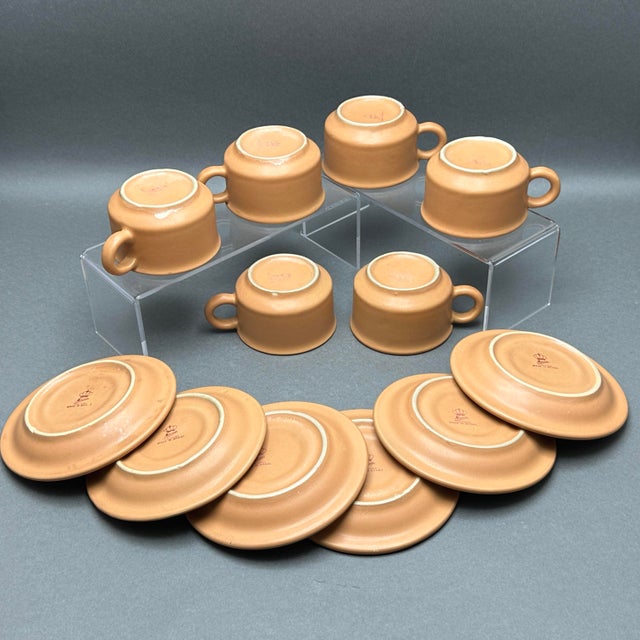 Vintage Nerina Louveira Brazil Terracotta Ceramic Demitasse Set With Coffee Pot, Covered Sugar, Creamer, 6 Cups/Saucers- 17 Pieces For Sale - Image 9 of 10