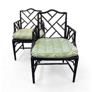 Mid Century Chinese Chippendale Chairs With Quadrille Fabric Cushions, a Pair For Sale