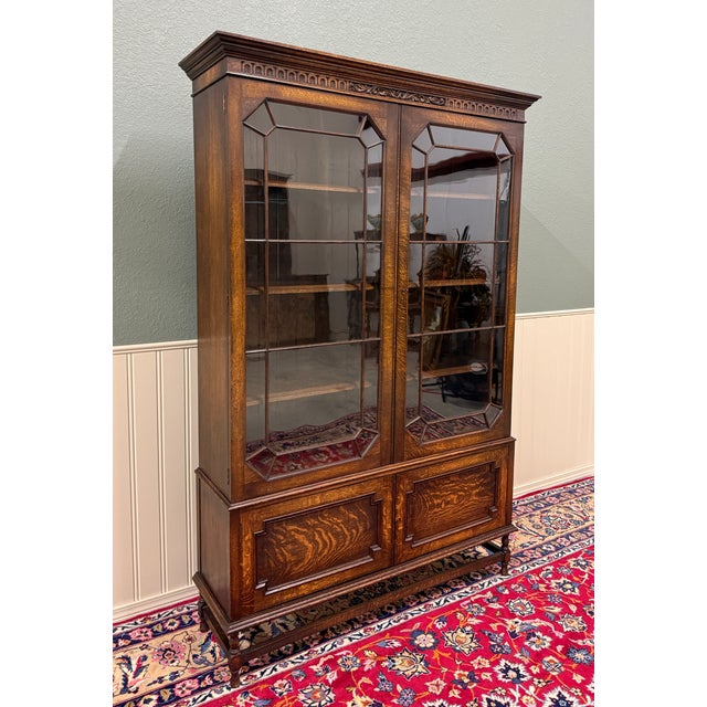 Antique English Jacobean Bookcase Cabinet Double Door Wavy Glass Tiger Oak 1930s For Sale - Image 13 of 18