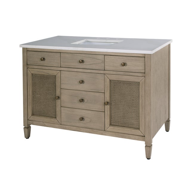 Transitional Flagstaff 48 in W. Wood & Quartz 5 Drawer Single Sink Bathroom Vanity, Desert Sand For Sale - Image 3 of 11