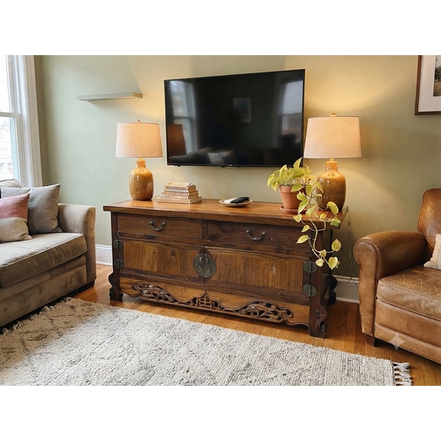 1960s Vintage Asian Brown Kirin Motif Low Tv Console Cabinet For Sale - Image 5 of 15