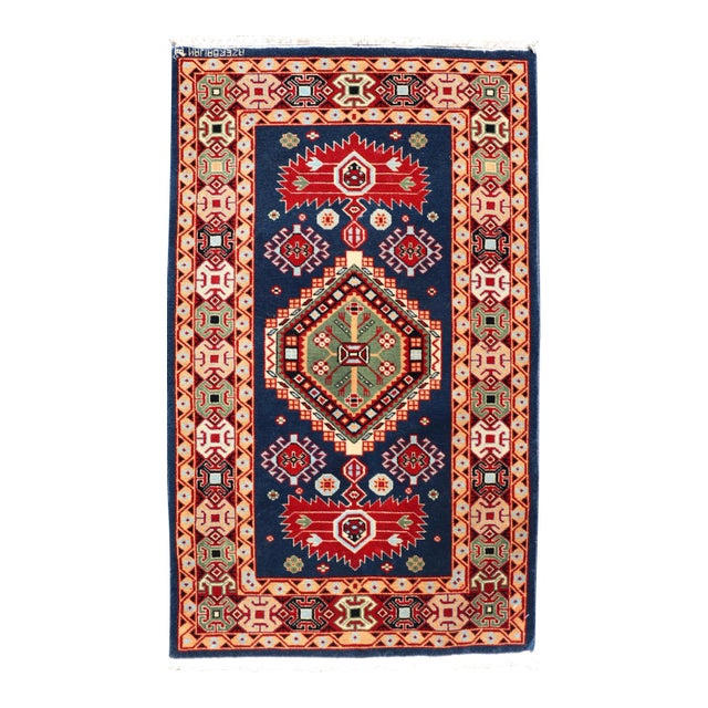 Geometric Vintage Caucasian Rug With Tribal Geometric Medallions in Blue and Red For Sale