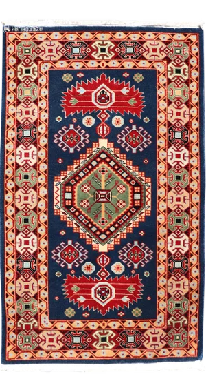 Geometric Vintage Caucasian Rug With Tribal Geometric Medallions in Blue and Red