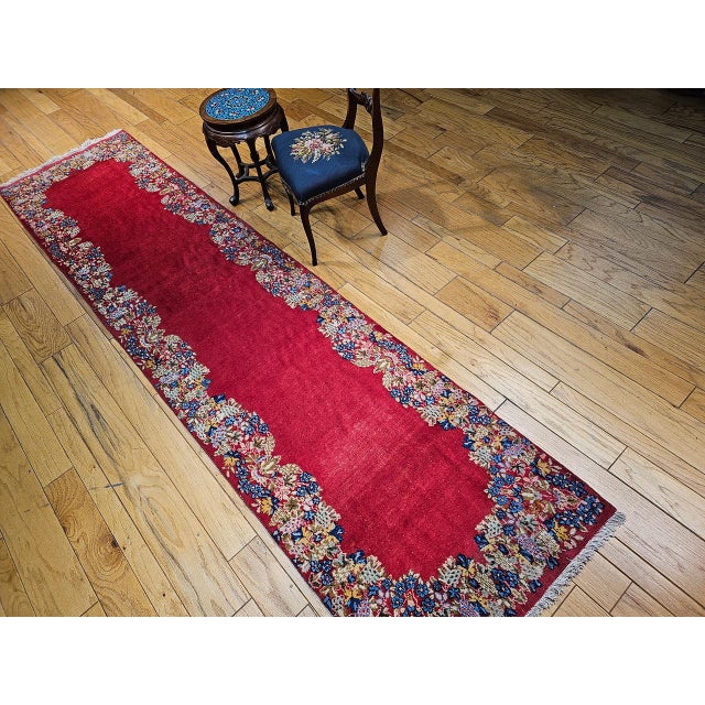 Persian Vintage Persian Kerman Runner Rug, Hand-Knotted Wool, Floral Design, Red & Yellow, 3x13 For Sale - Image 3 of 15