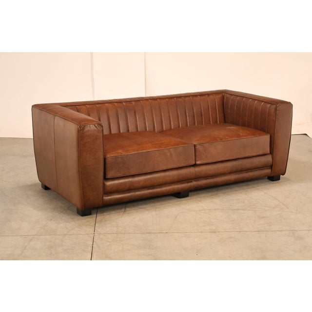 High Quality Rustic Modern Art Deco Style Brown Leather Even-Arm Sofa Mounted on Block Feet