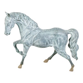 French Midcentury Bronze Horse Statue with Raised Hoof and Patina For Sale