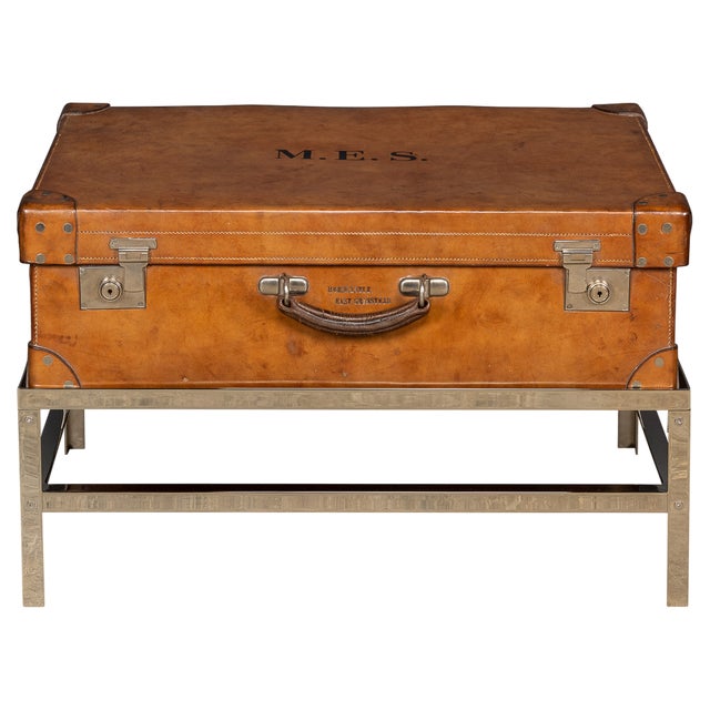 English Leather Trunk on Metal Stand, 1910s For Sale