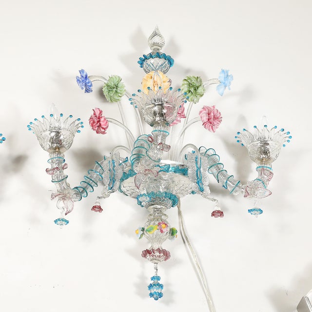 1950s Mid-Century Hand-Blown Murano 3-Arm Classical Wall Sconces - a Pair For Sale - Image 15 of 18