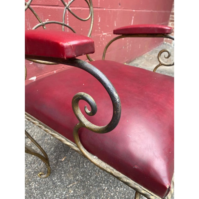Ornate Wrought Iron Armchair in Oxblood Red Vinyl For Sale In New York - Image 6 of 12
