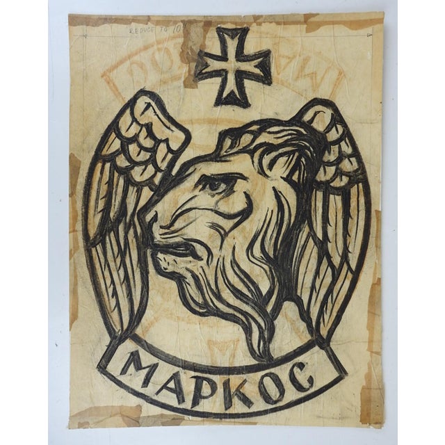 Vintage mid 20th century ink on thin tissue paper study drawing for church stained glass. St. Mark the lion with wings,...