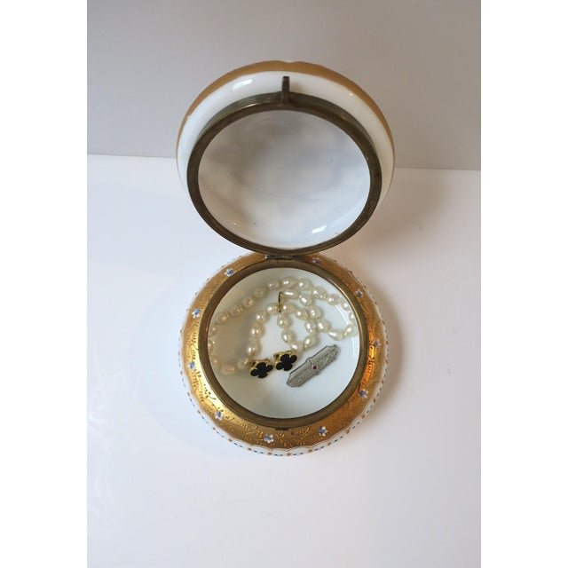 Metal Antique Vanity Jewelry Box Bohemian Gold White Opaline Glass, Ca. Late 19th C For Sale - Image 7 of 15