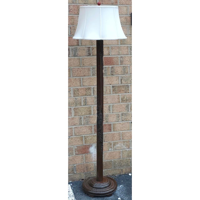 Brown Early 20th Century Art-Deco Oriental Style Hand-Carved Wood Floor Lamp For Sale - Image 8 of 10