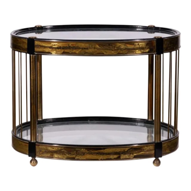 1970s Bernhard Rohne Acid Etched Brass Oval Side Table for Mastercraft, a Pair For Sale