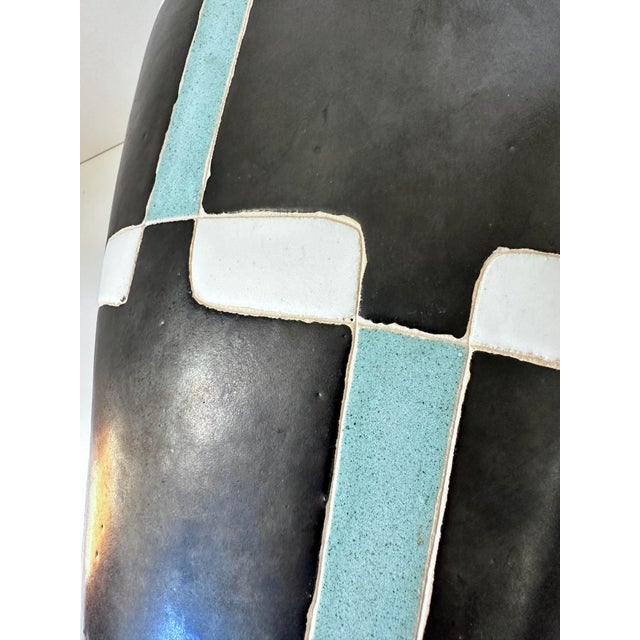 Contemporary Large Signed Architectural Studio Pottery Vessel in Black, White & Celadon, Handmade Ceramic Vase For Sale - Image 3 of 11