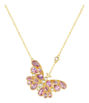Nina Zhou Pink Sapphire Diamond Butterfly Pendant Necklace in 14k Yellow Gold