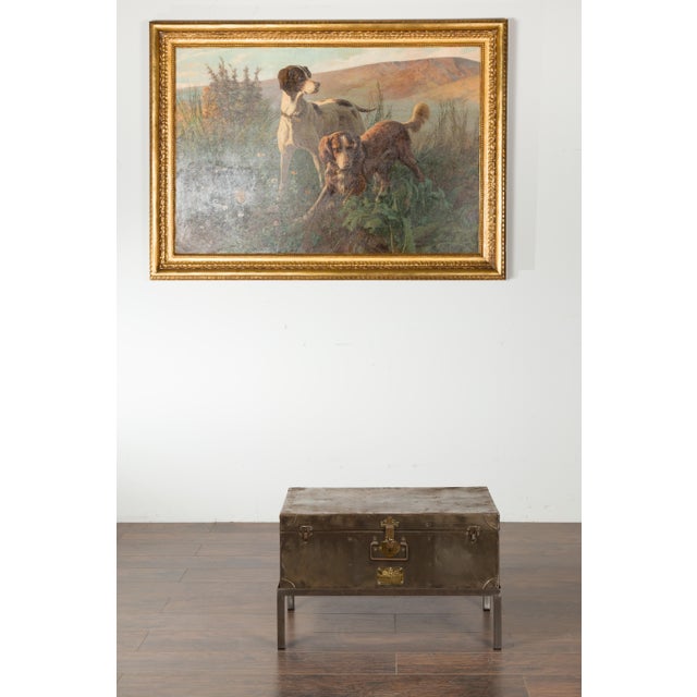 English 1920s Sarah Rackett Metal Trunk with Handles Mounted on New Custom Stand For Sale In Atlanta - Image 6 of 12