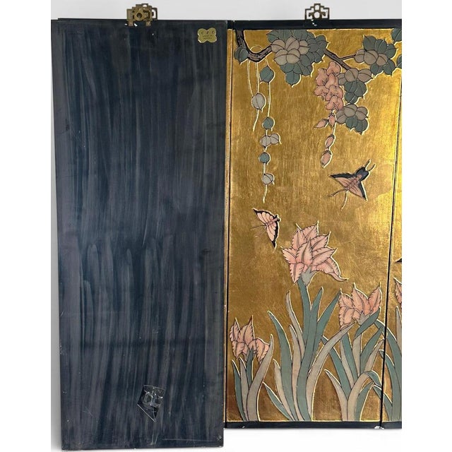 Vintage Chinese Chinoiserie Gilt Wood Wall Panels Panoramic Wisteria and Iris Floral Scene Set of Four For Sale - Image 17 of 18