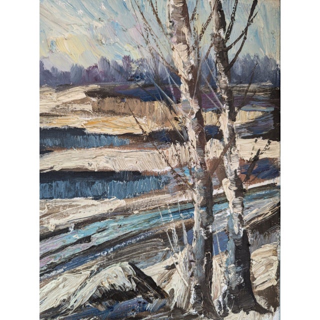 Mid-Century Modern 'Winter's Edge' Swedish Expressive Original Landscape Oil Painting, Framed For Sale - Image 10 of 11