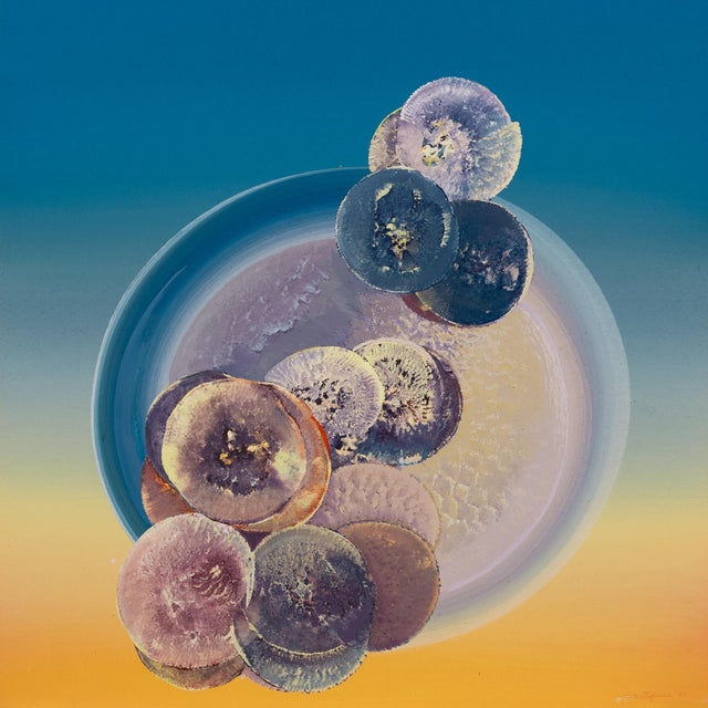 Signed lower right 'G. DiStefano' and dated 1971. A suspended composition of colorful forms contrasts against a blended...