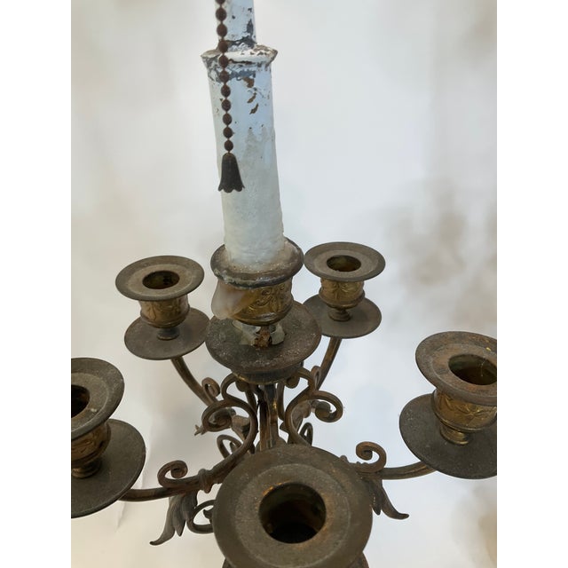 French Vintage Brass and Marble Candelabra Pair of Lamps With Rotating Ball For Sale - Image 3 of 8