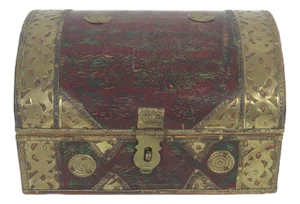Vintage Humpback Dome Top Wood and Brass Box, Brass Trim, Lidded, Hinged Lid Box, Brown Red Green Gold Trinket