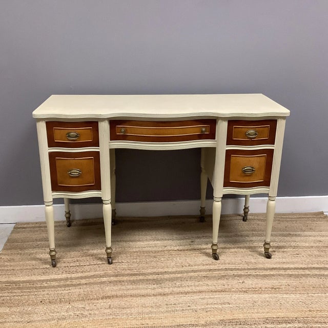 Vintage Painted French Desk Creamy Beige Wood Tones Gold Accents 5 Drawers For Sale - Image 4 of 11