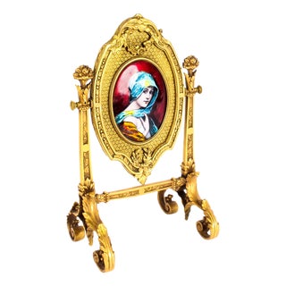 19th Century French Ormolu & Limoges Enamel Table Mirror by F. Bienvue For Sale