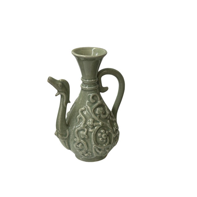 Vintage Chinese Celadon Green Ceramic Flask Shape Motif Vase Jar Display For Sale - Image 4 of 8